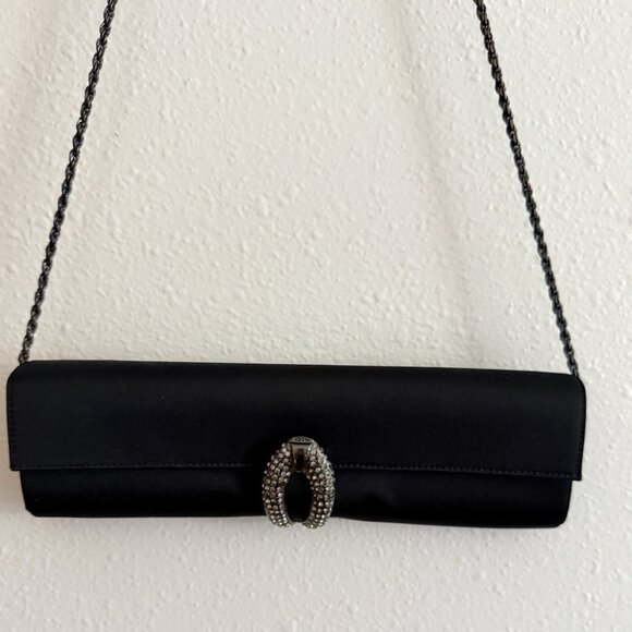 Rodo Italy Black Satin Crystal Clasp Chain Link Evening Bag Crossbody Purse - Picture 1 of 16